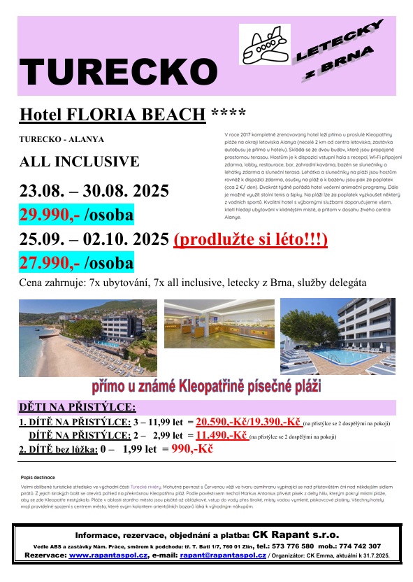 TURECKO-letak Emma, FLORIA BEACH, akt.31.7.2025